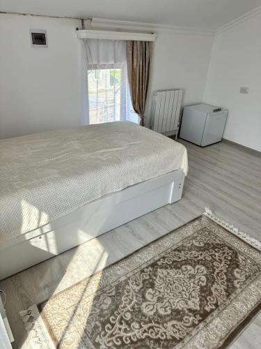 a bedroom with a bed with a rug and a window at Hotel Poka 