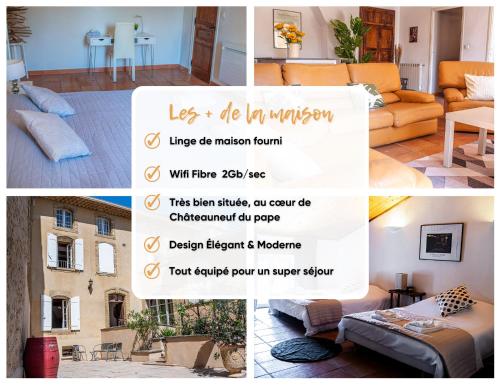 un collage de photos d'un salon dans l'établissement Maison Pegau, 2 chambres au centre de Châteauneuf-du-Pape PEGAU B&B, à Châteauneuf-du-Pape