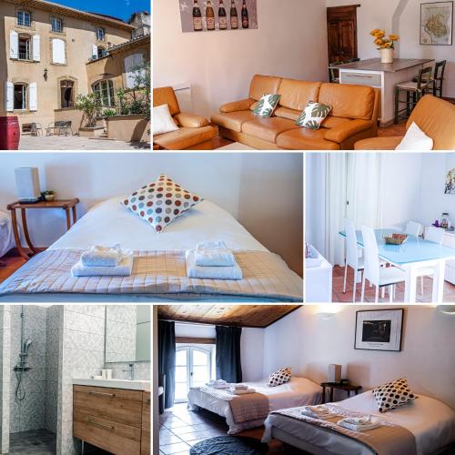 un collage de photos d'une chambre et d'un salon dans l'établissement Maison Pegau, 2 chambres au centre de Châteauneuf-du-Pape PEGAU B&B, à Châteauneuf-du-Pape