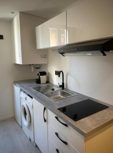 une cuisine avec un évier et une machine à laver dans l'établissement Appartement proche de la mer, à Vallauris