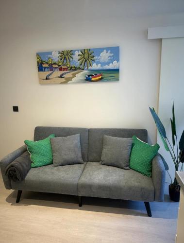 - un salon avec un canapé gris et des oreillers verts dans l'établissement Appartement proche de la mer, à Vallauris