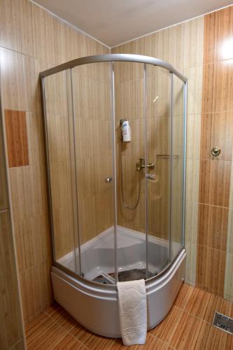a shower with a glass enclosure in a bathroom at Conac Bavaria in Buşteni