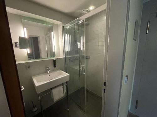 a bathroom with a sink and a glass shower at Schlosshotel Monrepos in Ludwigsburg