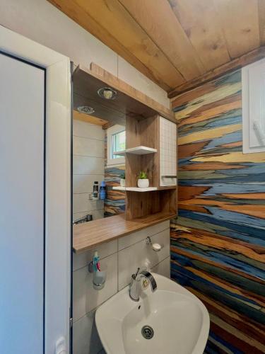 a bathroom with a sink and a colorful wall at Old wine in Virpazar