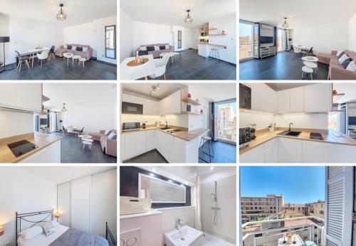 un collage de photos d'une cuisine et d'un salon dans l'établissement Nestor&Jeeves - GIOFFREDO BELLO - central - near beach, à Nice