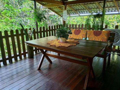 a wooden table with a potted plant on a deck at Mizu Spa & Hospedagem in Alter do Chao
