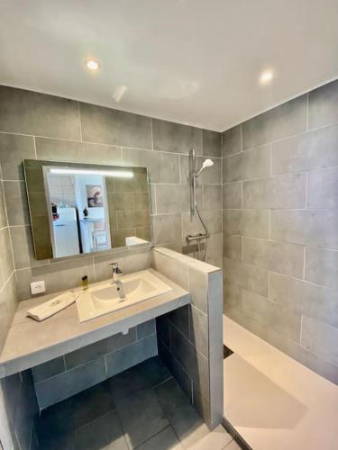 une salle de bain avec un lavabo et un miroir dans l'établissement MarinesAppartement, 2min Plage, accès direct port, à Saint-Tropez