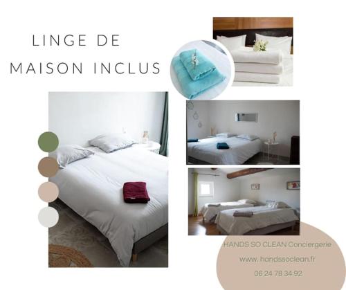 un collage de trois photos d'une chambre d'hôtel dans l'établissement LOU DESTRE Maison 3 Chambres, parking vélo, Châteauneuf-du-Pape, à Châteauneuf-du-Pape