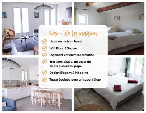 un collage de photos d'une chambre avec un panneau dans l'établissement LOU DESTRE Maison 3 Chambres, parking vélo, Châteauneuf-du-Pape, à Châteauneuf-du-Pape