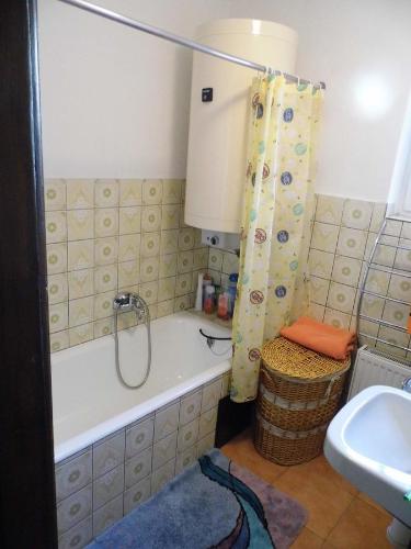 een badkamer met een bad en een wastafel bij Apartment Na Pražské Vrchlabí in Vrchlabí