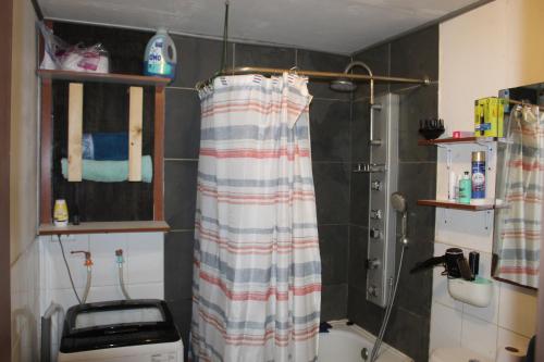 a bathroom with a shower curtain and a toilet at Alojamiento Casa completa en Puerto Montt in Puerto Montt