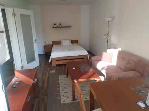 a living room with a couch and a table at Gonda Apartments in Hradec Králové