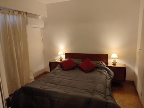 a bedroom with a large bed with two red pillows at Departamento Recoleta Centro in Santa Fe