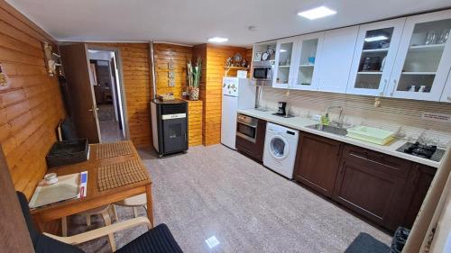 a small kitchen with a washer and dryer at Briza Marii in Sfântu Gheorghe