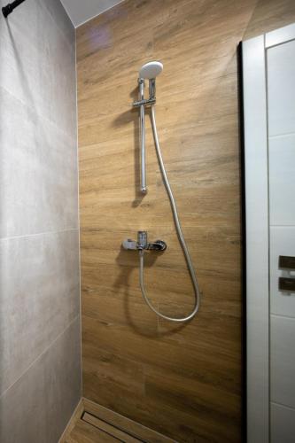 a shower in a bathroom with a wooden wall at Apartmani Ante & Ivano Biograd with POOL in Biograd na Moru
