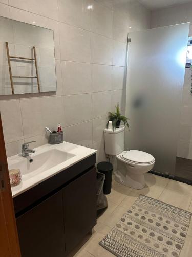 a bathroom with a sink and a toilet and a mirror at Quinta dos Sonhos in Valbom