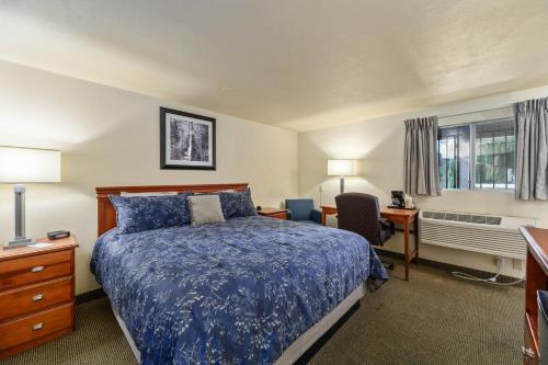 a hotel room with a bed and a desk and a window at Cocusa Motel in Burlington