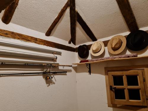a room with hats on the wall and a door at Drinsko selo Ovčinja in Ovčinja
