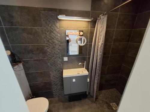 une salle de bain avec toilettes et lavabo dans l'établissement Maison de standing au calme pour vacances, au Beausset