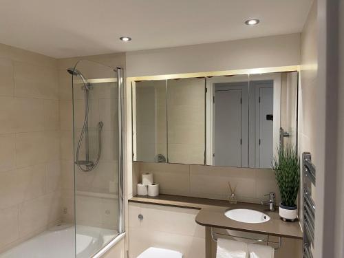 a bathroom with a shower and a sink and a mirror at Modern Luxury 2 bedroom apartment in London Excel in London