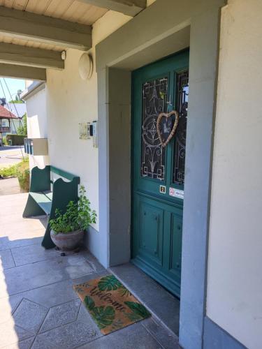 a green door of a building with a potted plant at Apartment Navah in Uetendorf
