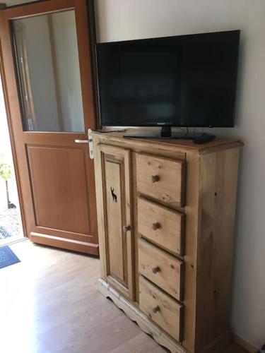 - une télévision à écran plat sur une commode en bois dans l'établissement Appartement le Syöté, à Xonrupt-Longemer