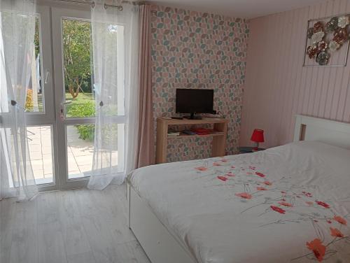 a bedroom with a bed and a television and a window at Chez Papinette, proche gare et centre, pdj compris in Niort