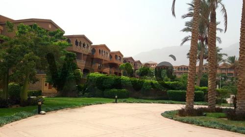 a courtyard at a resort with palm trees and a building at porto elsokhna in Ain Sokhna