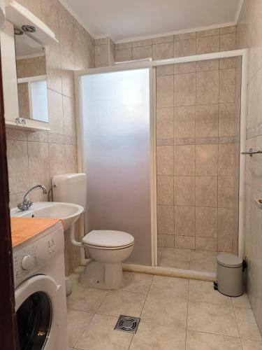 un bagno con doccia, WC e lavandino di Apartment Marea a Tivat
