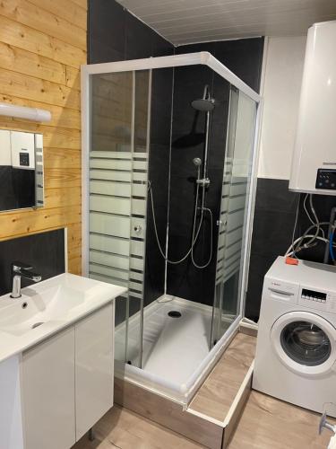 une salle de bain avec douche et machine à laver dans l'établissement Appartement pour 8 personnes, à La Bourboule