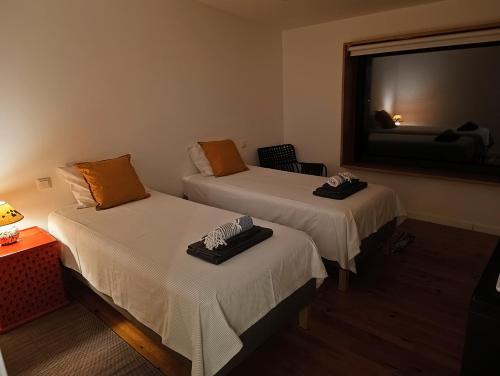two beds in a room with a tv on the wall at Quinta do Fraguil - Douro Valley in Valença do Douro
