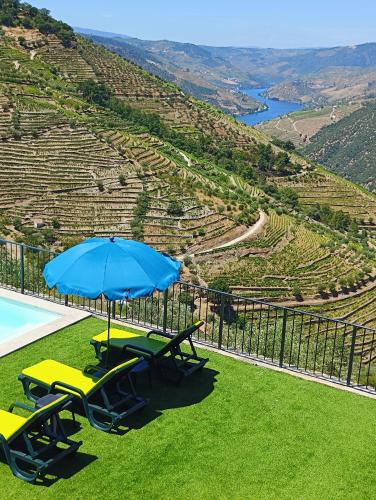 a table and chairs with a blue umbrella on the grass at Quinta do Fraguil - Douro Valley in Valença do Douro