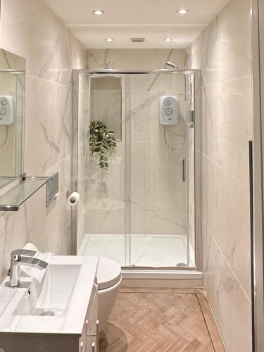 a bathroom with a shower and a toilet and a sink at No1,luxury 1 bed apartment in Saint Annes on the Sea