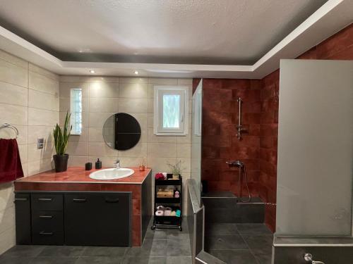 a bathroom with a sink and a shower at Aristides Guesthouse in Krinídhes