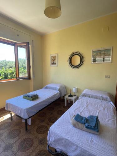 two twin beds in a room with a window at Villino indipendente Stella in Anzio