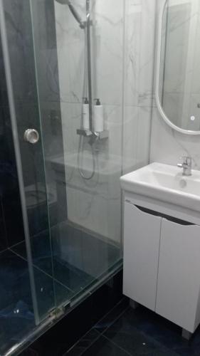 un bagno bianco con doccia e lavandino di Алена a Oral