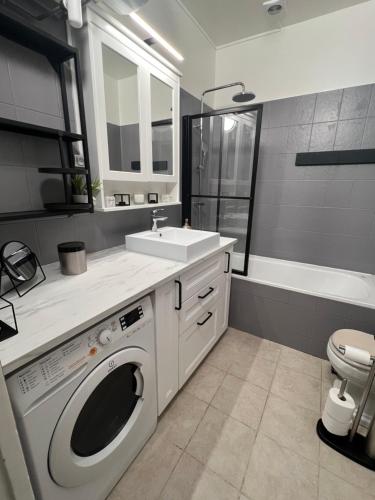 a bathroom with a washing machine and a sink at Appartement Porte de Versailles in Issy-les-Moulineaux