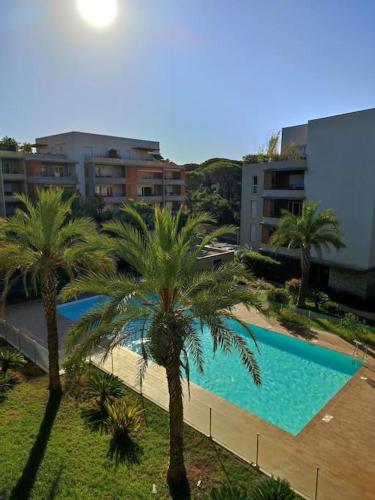 une vue aérienne d'une piscine avec des palmiers dans l'établissement Appartement neuf Piscine, à Fréjus