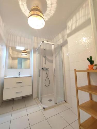 une salle de bain avec douche et lavabo dans l'établissement Appartement neuf Piscine, à Fréjus