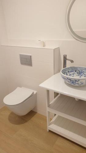 a bathroom with a toilet and a bowl on a counter at Tkalcovna U Zlatého potoka in Dobřany