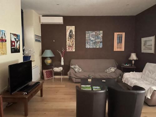 un salon avec un canapé et une télévision dans l'établissement Jardins AQUITAINE, à Nîmes