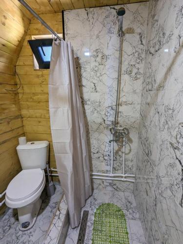 a bathroom with a toilet and a shower at Guest House in Zhabeshi Lali in Zhabeshi