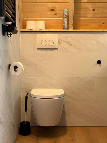 a bathroom with a white toilet in a room at E d e l h e r t - Luxe Alpenhuis in prachtig Karinthië in Gnesau
