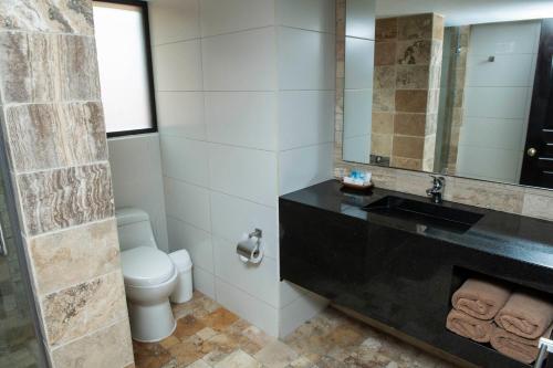 a bathroom with a sink and a toilet and a mirror at Termas de Papallacta in Papallacta