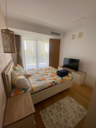 a bedroom with a large bed and a television at Apartament Naty S 403 Vogh Olimp in Olimp