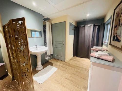 a bathroom with a sink and a shower and a toilet at Maisonnette Cosy Villa Ajna in Bayonne