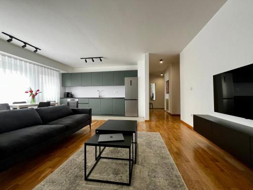 A television and/or entertainment centre at Skopje Modern 2-Bedroom Apartment with Mountain View