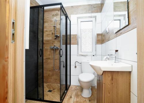 a bathroom with a shower and a toilet and a sink at Domki pod Bukowym lasem in Wańkowa