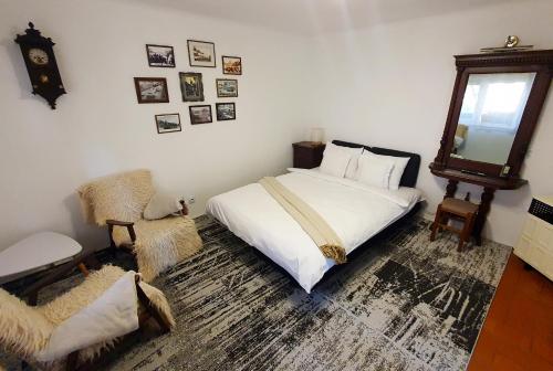una camera da letto con un letto, una sedia e uno specchio di Casa La Lina a Sighişoara