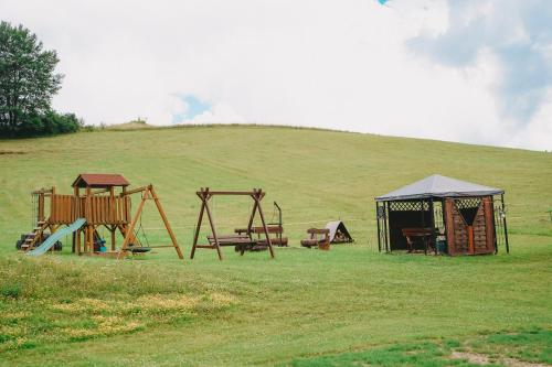 a group of playground equipment on a hill at Domki pod Bukowym lasem in Wańkowa
